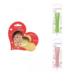 Kit pour biscuit en relief Coeur + 2 Stylos au chocolat vert clair et rose pastel