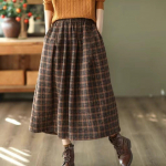 Vintage ruudulised midiseelikud naistele, lohvakad k&otilde;rge v&ouml;&ouml;kohaga A-l&otilde;ikelised paksemad prantsuse stiilis taskutega Mujer p&otilde;hjad moodne elegantne XXXL pruun