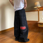 Naiste suvised teksap&uuml;ksid, tikitud mustriga teksad, hiphop, laiad p&uuml;ksid XS black