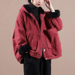 Naiste s&uuml;gisene tepitud jakk, lahtine retro etnilises stiilis pandlaga paksendatud mantel L punane