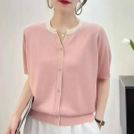 New Stylish Striped V-Neck Cardigan - Large Size Casual Loose Knit Sweater with Short Sleeves 3XL