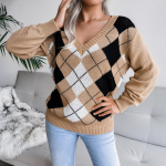 S&uuml;gis-talvine uus kolledžistiilis teemantmustriga vabaaja kampsun, sinine elegantne V-kaelusega soe pikkade varrukatega pullover S khaki