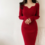 Korea stiilis s&uuml;gistalvine naiste kampsun kleit, must punane aprikoos Bodycon naiselik Midi kudumiskleit One Size burgundiapunane