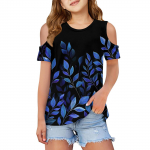 Summer kids fashion off-the-shoulder T-shirt with a floral print collar 160 taevasinine v&auml;rv