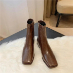 Fashion Square toe thick heel short boots for women, 2024 autumn and winter new British style elastic boots, fashionable and versatile 34 pruun