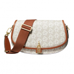 Michael Kors MK Mila Logo Pandlaga Kinnitus Kaetud L&otilde;uend Crossbody &Otilde;lakott Keskmine Naiste kotid Kreemjas T&otilde;ru-Pruun 30H3GIMM8B-VANILLA/LUGG Basic Set (Bag+Dust Bag)