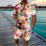 Havai flamingo kookospuu 3D prindiga l&uuml;hikeste varrukatega s&auml;rk+l&uuml;hikesed p&uuml;ksid vabaaja rannar&otilde;ivad puhkus 2-osaline komplekt meeste riided 3XL brown
