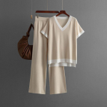 S&uuml;gistalv laisk tuul avara k&otilde;rge kraega sviiter, naiste &uuml;hev&auml;rviline l&uuml;hikeste varrukatega kootud laia s&auml;&auml;rega p&uuml;ksid, kaheosaline komplekt One Size aprikoosi