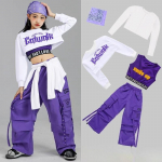 Hip Hop T&uuml;drukud K-pop L&uuml;hike Top Lilla Cargo P&uuml;ksid Laste T&auml;navatantsu Komplektid Laste Streetwear Grupi Jazzi R&otilde;ivad Komplektid 110 lilla