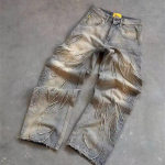 Meeste Baggy Esteetilised Streetwear Jeans Mees Retro Mood Laiad S&auml;&auml;red Denim P&uuml;ksid Graafilised Tikitud Disainer Hip Hop Denim P&uuml;ksid L sinine