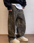 Unisex Tan Leopard Teksad Meeste teksap&uuml;ksid Oversize laia s&auml;&auml;rega p&uuml;ksid T&auml;navar&otilde;ivad Hip Hop Vintage avar vaba vabaaja loomade print S