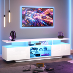 160*40*45cm TV-alus kahe kapi, LED-valgusribaga k&otilde;rgl&auml;ikega TV-kapi, 8 riiuliga moodsa TV-meelelahutuskeskuse, MDF-i, 70-tollise teleri jaoks 160 x 40 x 45 cm valge