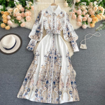 Runway S&uuml;gis kevadine vintage pikkade varrukatega print lilleline k&otilde;rge v&ouml;&ouml;kohaga Boho A-Line peokleit Elegantne luksuslik kleidid naistele XL