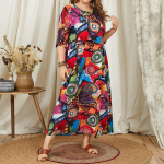 Naiste vintage kleit, O kaelus, 3/4 varrukatega grafitiprintiga avar pikk kleit plusssuuruses FZH S punane