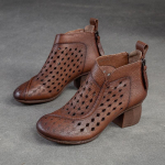 Johnature Hollow Out saapad &uuml;mara ninaga hingav tagat&otilde;mblukk Ehtsast nahast sandaalid Retro keskmise kontsaga naiste kingad 37 punakaspruun