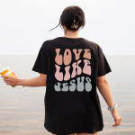Love Like Jesus V&auml;rviline esi- ja tagaosa tr&uuml;kiga Suurem&otilde;&otilde;tmeline T-s&auml;rk Christian Loose Tee Naiste vabaaja 100% puuvill Esteetiline top S must