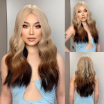 Blond Ombre Pruun Pikalaineline lokkis parukas naistele Keskosa Naturaalsed pehmed s&uuml;nteetilised juuksed Igap&auml;evased peoparukad k&otilde;rge temperatuuriga kiust