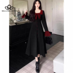 Retro prantsuse stiilis elegantne salendav kandiline kaelus, must-punane pikkade varrukatega sarvvarrukatega kleit S must