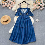 Uus kvaliteetne &otilde;lgadeta naiste suvine elegantne spagetirihm lilletikandid flare varrukad Cowboy denim Maxi Vestido M sinine