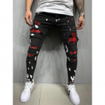 Meeste tepitud tikitud teksad Kitsad teksad Ripped Grid Stretch Denim P&uuml;ksid MEES elastne v&ouml;&ouml;koht Patchwork Jogging Denim p&uuml;ksid XXXL must