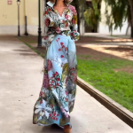 Women's sets printed elegant romantic resort style strappy waist long-sleeved V-neck shirt long skirt L sinine