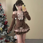 Jaapani magus Lolita 2-osalised komplektid Naiste Retro &otilde;lgadeta vibupluus Topid Ruuduline kook Miniseelik T&uuml;drukutele Kawaii Y2k &otilde;hukesed r&otilde;ivad S pruun