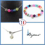 Pierres et Min&eacute;raux. Parure bijoux Bracelet Collier 5 Perles Agate craquel&eacute; Fuchsia Taille personnalisable.