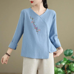 Puuvillane ja linane s&auml;rkpluus naiste etniline retrostiil kirjandus ja kunst lahtine tikandiga hanfu V-kaelusega T-s&auml;rk pikkade varrukatega kevad XXXL sinine