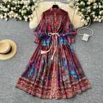 Kevadsuvi Naiste Vintage Palace Print Runway kleit &uuml;herealine pikk Maxi puhkuse &otilde;hukesed kleidid v&ouml;&ouml;ga S burgundiapunane