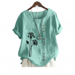 Naiste mood puuvillane linane pluus Suvine ja s&uuml;gisene &uuml;mara kaelusega l&uuml;hikeste varrukatega topp Laides Casua lillemustriga lahtine T-s&auml;rk S pruun