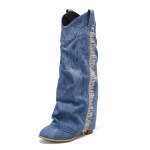 Suur Suurus Pesta Materjalist Denim Moodsad L&otilde;&otilde;tsaga L&auml;&auml;nelikud Saapad K&uuml;ljel Tutt Puidus&uuml;&uuml;ga Paks Tald Slip-on Trend Kaelani Saapad 34 sinine
