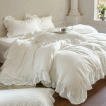 Prantsuse printsessi stiilis pitsiliste volangidega pulmakomplekt pestud puuvillast pehme tekikott voodilina/kummiga voodilina padjap&uuml;&uuml;rid 4 tk Fitted Bed Sheet&Queen size 4 pcs white
