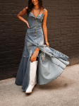 Uus Naiste Suvine Retro Puuvillane Denim Kulunud Pesu Sidumiss&uuml;steemiga Maxi Kleit XXL sinkjas