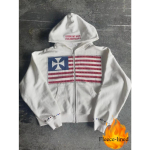 American Fashion Streetwear Gooti lipp Rhinestone'i tikitud t&otilde;mblukuga kapuuts Y2k Splicing Oversized lahtisest puuvillast kampsun S valge