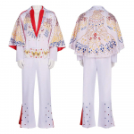 Film Presley Cosplay Kost&uuml;&uuml;m Teemant Rock Laulja Cosplay T&auml;iskasvanud Lapsed Valge Tr&uuml;kitud Jumpsuit Kost&uuml;&uuml;mid Halloweeni Kost&uuml;&uuml;m S valge