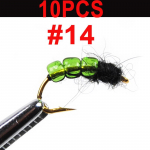 10 tk Green Glass Caddis Wet Nymph Fly suurus 14 Fly Fishing Bait