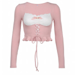 Roosa Y2k pikkade varrukatega naiste topp Sexy Lace Patchwork Square Collar Bandage Slim T-s&auml;rk Coquette Girl Aesthetic Crop Top S roosa