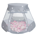 Selonise m&auml;ngutelk 105x90cm/200 palli lossimaja pop up ballpit plastikpallid lastele, hall:puuder roosa/p&auml;rl/l&auml;bipaistev 105x90cm/200 balls