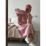 S&uuml;gis- ja talvine naiste kampsun Kleit Keskmise pikkusega kapuutsiga kootud kleidid Mood vabaaja dressipluusi taskud Prantsuse plusssuuruses kampsunkleidid One Size roosa