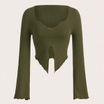 JKASHDK naiste moe vabaaja s&uuml;gistalvine &uuml;hev&auml;rvilise tr&uuml;kiga pikkade varrukatega V-kaelusega &otilde;hukesed pluusid ja s&auml;rgid S armee roheline v&auml;rv