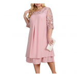 Naiste kleit, l&auml;bipaistev v&otilde;rk, &uuml;mar kaelus, pluss suurus, lapiline, lahtiste lehtedega seksikas aplikatsioon, poolvarrukatega, elegantne balli&otilde;htu 4XL roosa