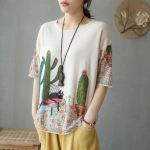 Harajuku Retro lillemustriga T-s&auml;rk Naiste suvemood riided Vintage &Uuml;markaelus Poolvarrukad kootud kampsunid Daami lahtised pulloverid 3XL