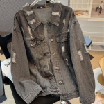 Suures suuruses teksajakk Kevadine ja s&uuml;gisene vintage teksajakk Hole Breaking Jacket Cardigan Tops 2XL tumehall v&auml;rv