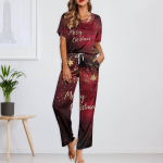 Naiste j&auml;&auml;siidist satiinist j&otilde;uluprintidega pidžaamakomplekt l&uuml;hikeste varrukatega s&auml;rgi ja pikkade pidžaamap&uuml;kste komplekt Pehmed koduriided M kuld