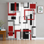 Abstraktsed geomeetrilised ruudud kunst must punane l&auml;bipaistev kardin elutuba tr&uuml;kitud t&uuml;llist aknakardin Luksuslik kodu r&otilde;du sisekujundus kardinad 1 PCS W100XH250cm&Rod Pocket