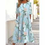 Suvine uus l&uuml;hikeste varrukatega suures suuruses naiste kleit vabaaja kaelaga taskud, tr&uuml;kitud vabad kleidid naistele mood Elegantne vintage lilleline pikk kleit 26377 S