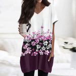 Naiste topid V-kaelusega l&uuml;hikeste varrukatega pluusid vabaaja keskmise pikkusega s&auml;rgid Moodsad tr&uuml;kised taskutega tuunikatopid L beež