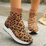 Moodsad leopardimustrilised kootud sokksneakerid naistele Hingavad vabaaja spordijooksujalatsid Naiste moodsad k&otilde;rged slip-on sneakerid 35 pruun