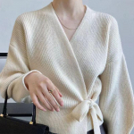 Kampsun naiste s&uuml;gisene kikilips V-kaelusega kootud naiste l&uuml;hike k&otilde;rge v&ouml;&ouml;kohaga kampsun kampsun mantel, &uuml;lekattega disain Sense sviiter One Size beež