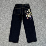 GLYDE Ameerika Retro Harajuku Lilleline Tikandiga Kottis Teksap&uuml;ksid Meestele High Street Trendikas Streetwear Y2K Vabaaja Sirged P&uuml;ksid S